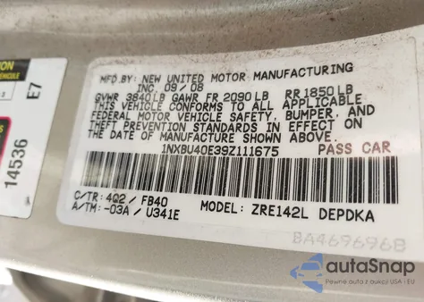 2009 Toyota Corolla Le from USA, damaged, VIN 1NXBU40E39Z111675